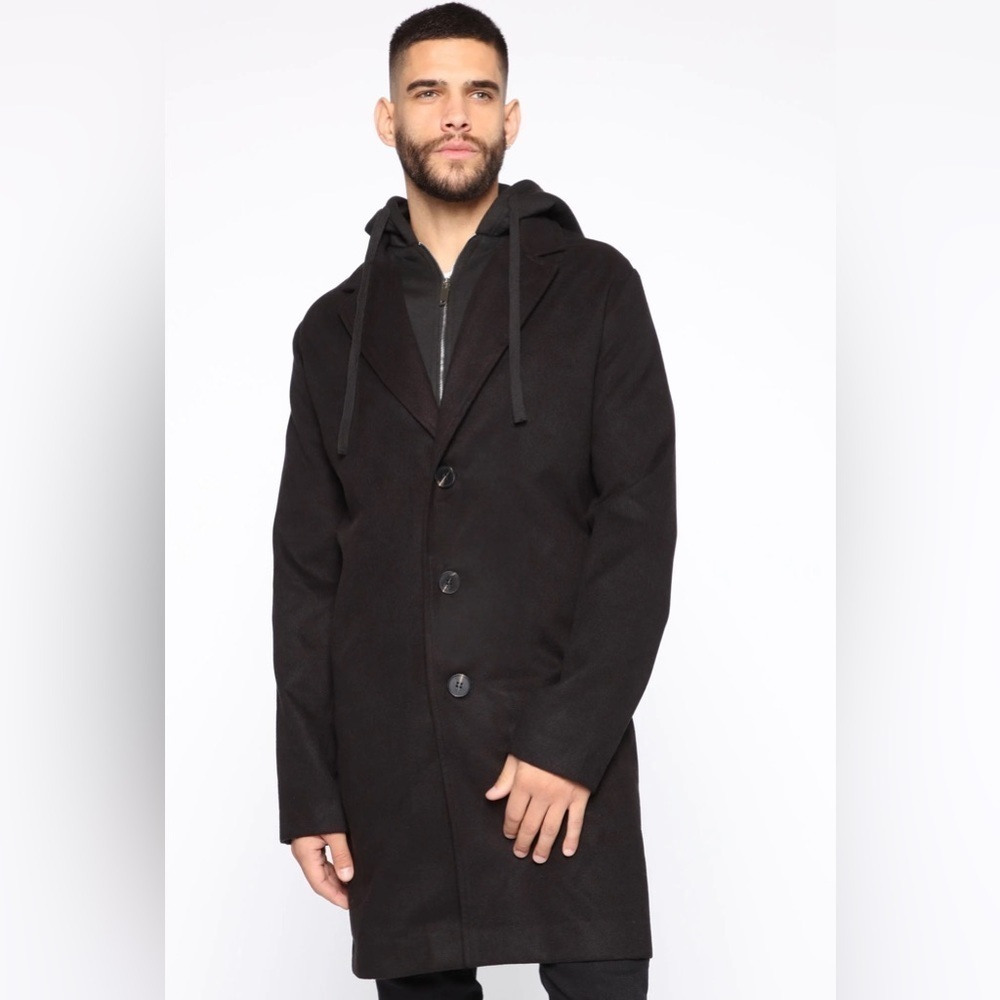 0316 - FASHION NOVA Men’s Large Black Hooded Coat Long Sleeved L